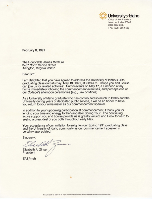 University of Idaho president Elisabeth A. Zinser thanks Senator James A. McClure for agreeing to give a commencement address to the university's 96th graduating class.