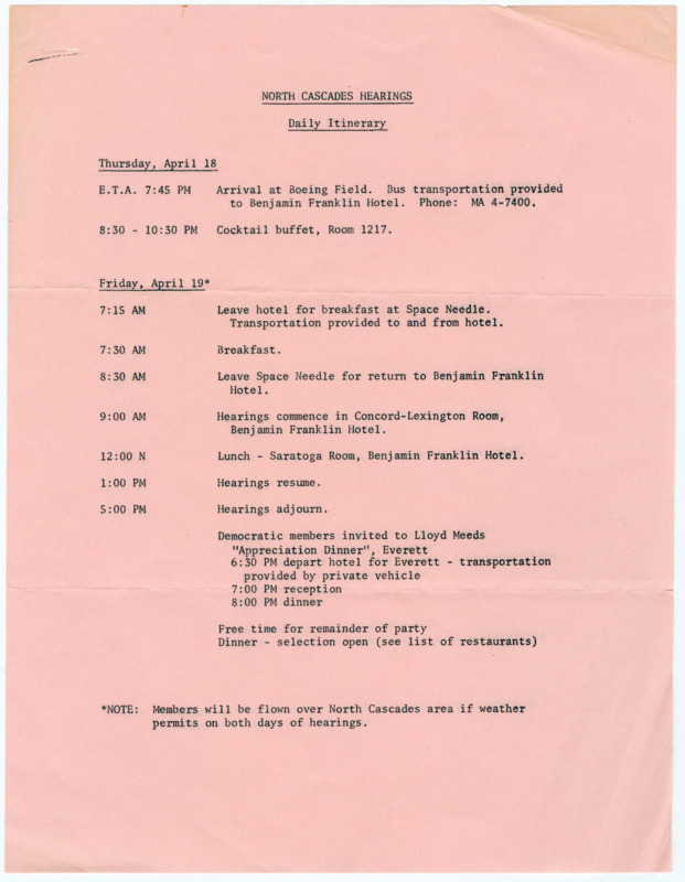 A daily itinerary lists activities for those participating in hearings related to the establishment of the North Cascades National Park in Washington state.