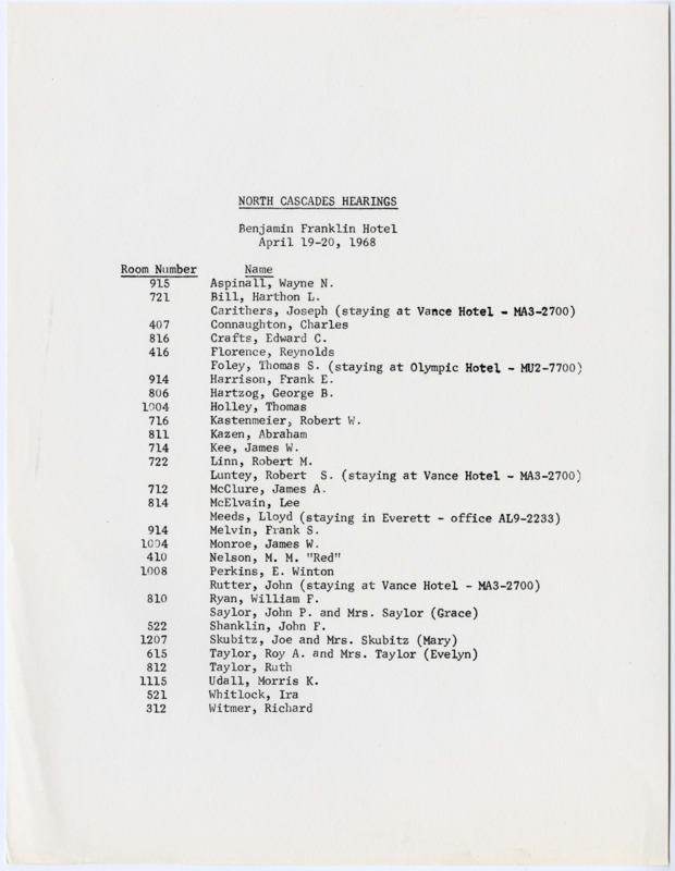 This list includes the rooms of the Benjamin Franklin Hotel in Seattle, WA, in which members of the North Cascades Hearings stayed during their 1968 visit.