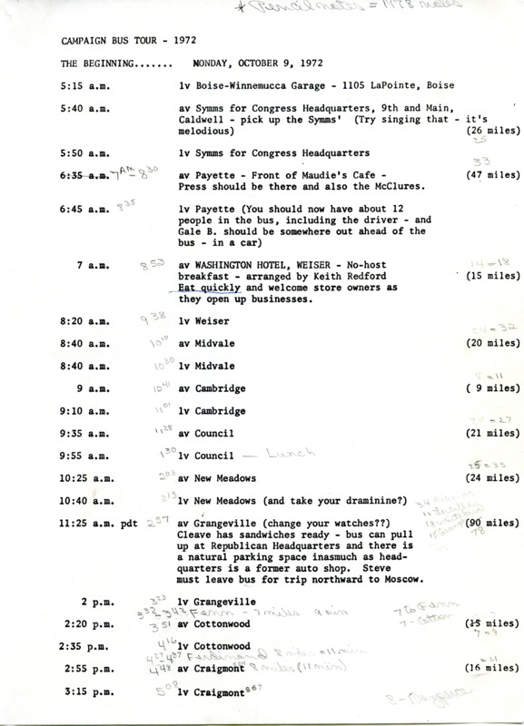 Typed description of the stops, meetings, milage, and details of James McClures 1972 campaign bus tour across the state of Idaho. Includes pencil notes detailing his 1978 campaign tour details and changes.