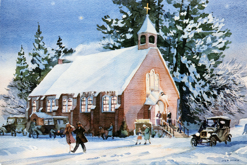 James A. and Louise McClure developed this Christmas card depicting the Fort Sherman Chapel in Fort Sherman, Idaho.