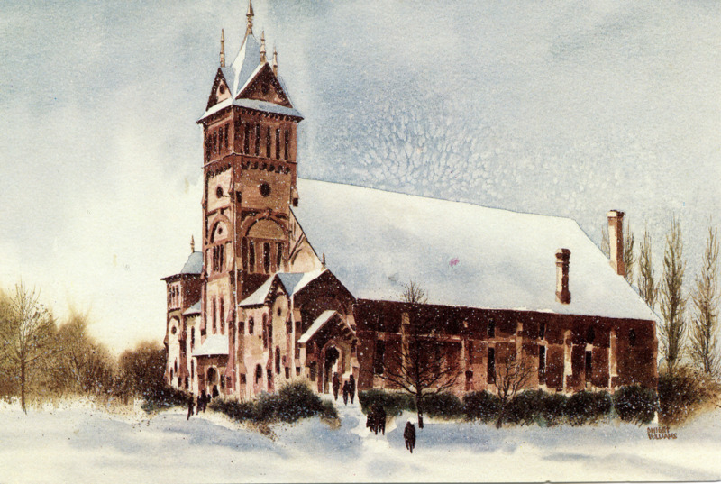 James A. and Louise McClure developed this Christmas card depicting the Mormon Tabernacle in Paris, Idaho, with art by Dwight Williams.