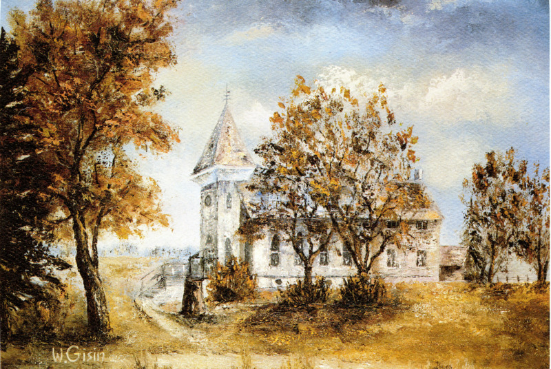 James A. and Louise McClure developed this Christmas card depicting the Shelton Ward Church in Shelton (now Ririe), Idaho, with art by Werner Gisin.