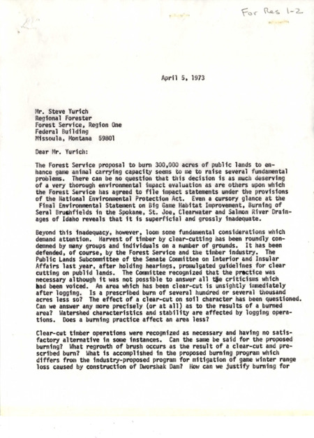 Letter from Senator James A. McClure to Steve Yurich, Regional Forester with the US Forest Service, in which McClure raises concerns about Forest Service plans for prescribed burns.