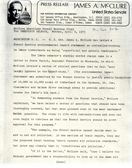 Press release describing Senator James A. McClure's response to a US Forest Service environmental impact statement related to controlled burning in Idaho timberlands.