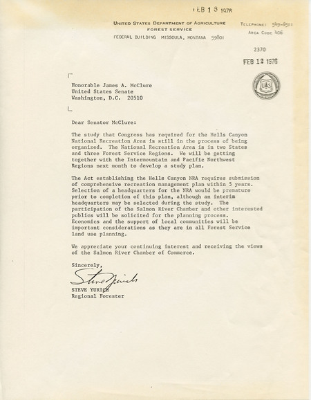 Letter from Regional Forester Steve Yurich to Senator James McClure regarding a study Congress required as part of the creation of Hells Canyon National Recreation Area.