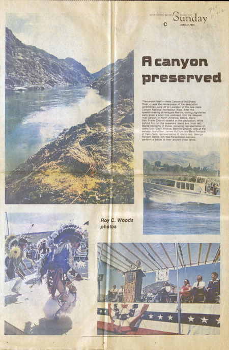 Newspaper page featuring images from the dedication ceremony for Hells Canyon National Recreation Area held in Lewiston, Idaho.