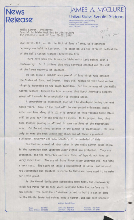 News release from Senator McClure's office released following the dedication ceremonies for Hells Canyon National Recreation Area.