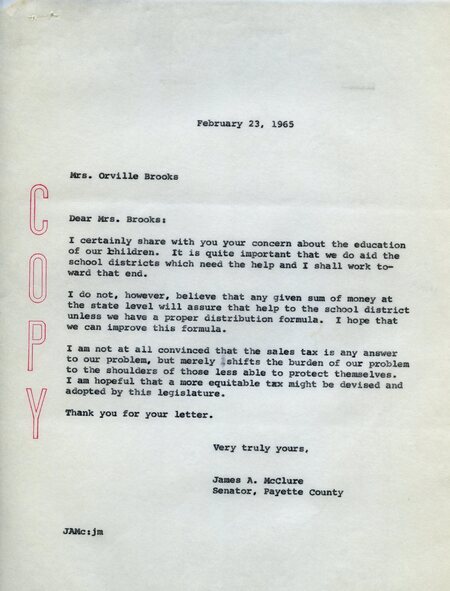 Senator James A. McClure responds to a letter from constituent Elizabeth H. Brooks, explaining his perspective on funding for public education.