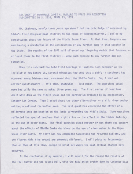 Statement by Senator McClure on S. 2233, the legislation regarding the proposed creation of Hells Canyon National Recreation Area.