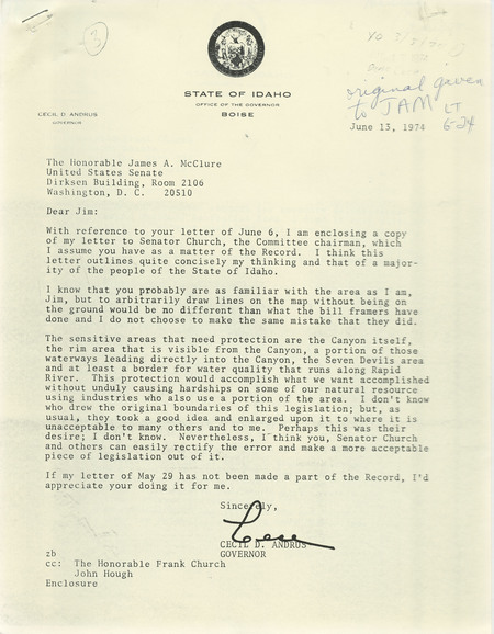 Letter from Governor Cecil D. Andrus to Senator James McClure in reference to a different letter Andrus had sent to Senator Frank Church. The letter discusses Andrus' concerns regarding Hells Canyon and its boundaries.