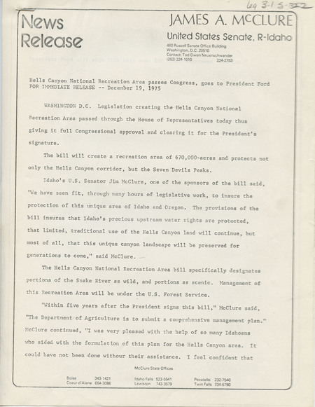 News release from Senator McClure's office. Details the status of the legislation to create Hells Canyon National Recreation Area as it travels through legislative process.