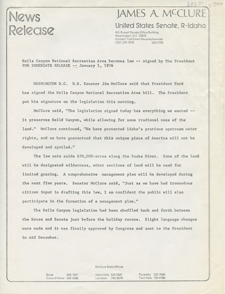 News release from Senator McClure's office in which it is announced that President Ford had signed the bill to create Hells Canyon National Recreation Area.