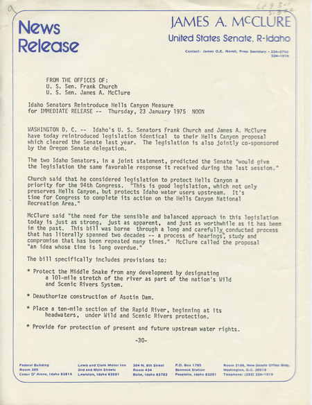 News release from Senator McClure's office. Discusses Senators Frank Church and James McClure reintroducting legislation for the creation of Hells Canyon National Recreation Area which was co-sponsored by Oregon Senate delegates.