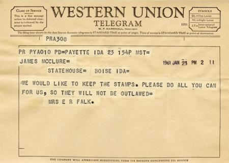 A telegram from Mrs. E. R. Falk encourages Senator James A. McClure to vote in favor of keeping S&H Green Stamps.