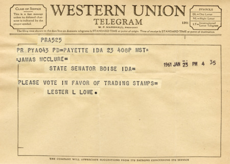 A telegram from Lester L. Lowe encourages Senator James A. McClure to vote in favor of keeping S&H Green Stamps.