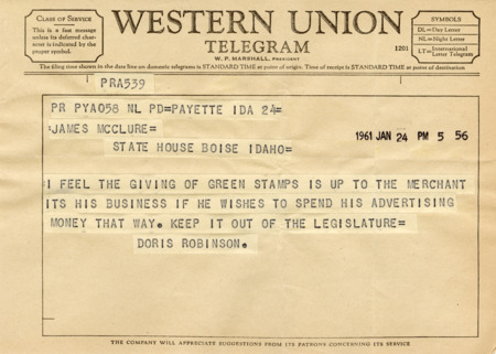 A telegram from Doris Robinson encourages Senator James A. McClure to vote in favor of keeping S&H Green Stamps.