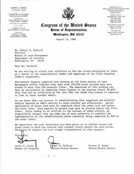 Letter from US senators James A. McClure, Larry E. Craig, and Steven D. Symm to Bureau of Land Management Director Robert F. Buford in which the senators urge a quick and effective rehabilitation response after wildfires.
