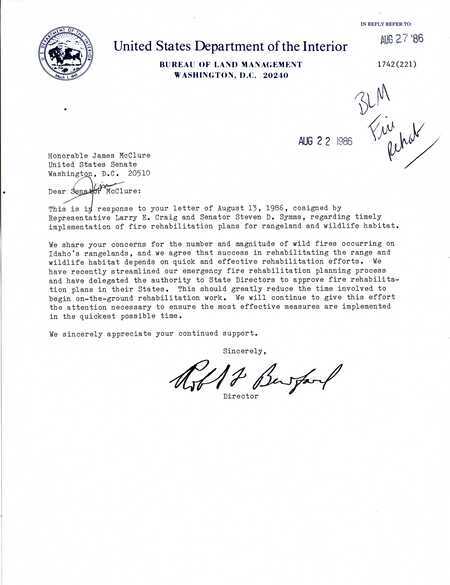 Letter from Bureau of Land Management Director Robert F. Buford to Senator James A. McClure in which Buford responds to McClure's wish for quick rehabilitation of range and wildlife after wildfires.