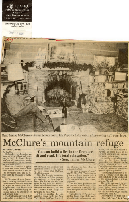 An article from the Central Idaho Star-News of McCall, Idaho, describes Senator James A. McClure's family log cabin on Payette Lake.