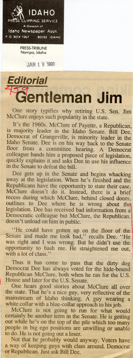 An editorial from the Press-Tribune of Nampa, Idaho, describes an interaction between Republican James A. McClure and Democrat Bill Dee during their time in the Idaho State Senate in the 1960s.