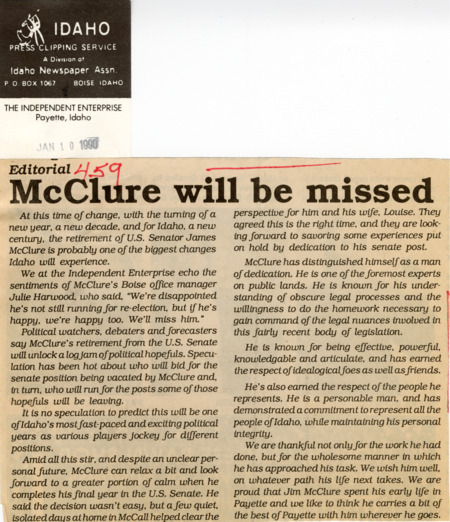 An editorial from The Independent Enterprise of Payette, Idaho, reflects on the career of Senator James A. McClure following his retirement announcement.