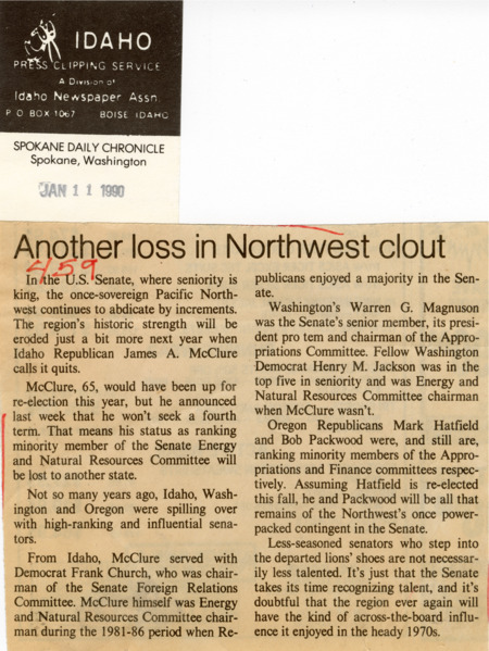 An article from the Spokane Daily Chronicle laments the announced retirement of Senator James A. McClure and reflects on his career highlights.