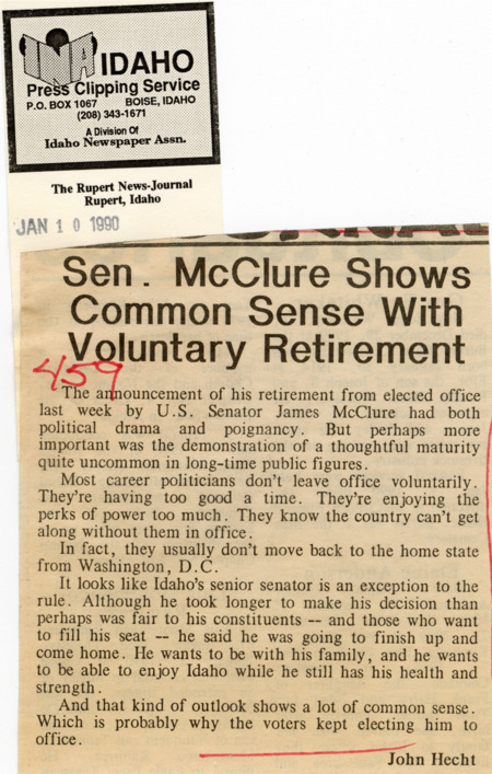 An opinion piece from The Rupert News-Journal of Rupert, Idaho, praises Senator James A. McClure for choosing to retire on his own terms.