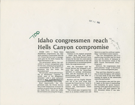 Newspaper clipping on a compromise reached by congress and the U.S. Forest Service over a Hells Canyon Recreation Area mangement plan.