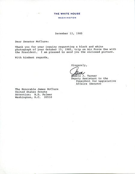 Letter in which White House staffer Pamela J. Turner provides details to Senator James A. McClure about an enclosed photograph of McClure and others aboard Air Force One with President Ronald Reagan.