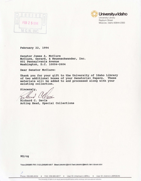 University of Idaho Special Collections acting head Richard C. Davis thanks Senator James A. McClure for the donation of two boxes of McClure's Senatorial Papers.