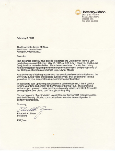 University of Idaho president Elisabeth A. Zinser thanks Senator James A. McClure for agreeing to give a commencement address to the university's 96th graduating class.