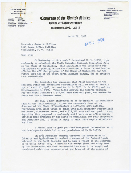 A letter from Representative Catherine May of Washington state provides details and background information regarding H. R. 16252, which proposes to establish the North Cascades National Recreation Area. An included map shows the location of the proposed park.