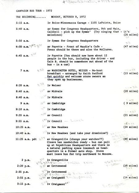 Typed description of the stops, meetings, milage, and details of James McClures 1972 campaign bus tour across the state of Idaho. Includes pencil notes detailing his 1978 campaign tour details and changes.