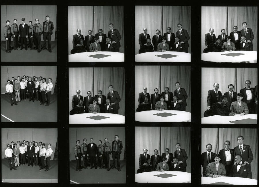 11" x 8.5" black and white contact sheet. Four of the images show Clint Eastwood posing with various groups of people. The rest of the images show Lionel Hampton, Lynn "Doc" Skinner, President Elizabeth Zinser, School of Music Director Robert Miller, Judge Myron H. Wahl's and two unidentified individuals signing a document.