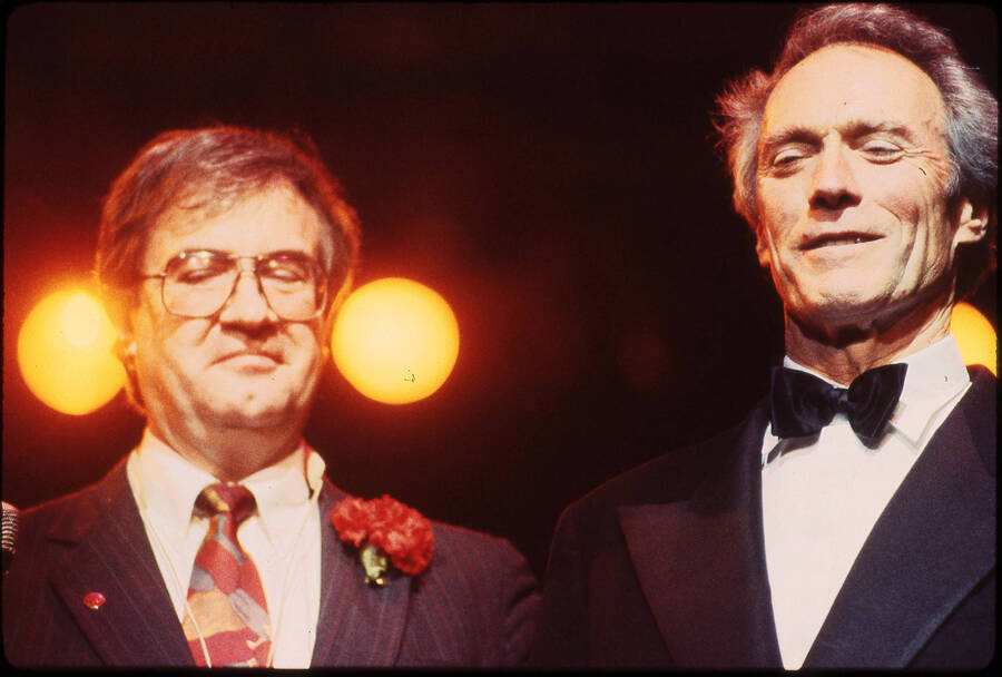35mm color slide. Lynn "Doc" Skinner and Clint Eastwood at the 1992 Lionel Hampton Jazz Festival.