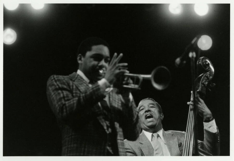 10" x 8" black and white photograph. Wynton Marsalis and Ray Brown playing together at the 1989 Lionel Hampton-Chevron Jazz Festival.