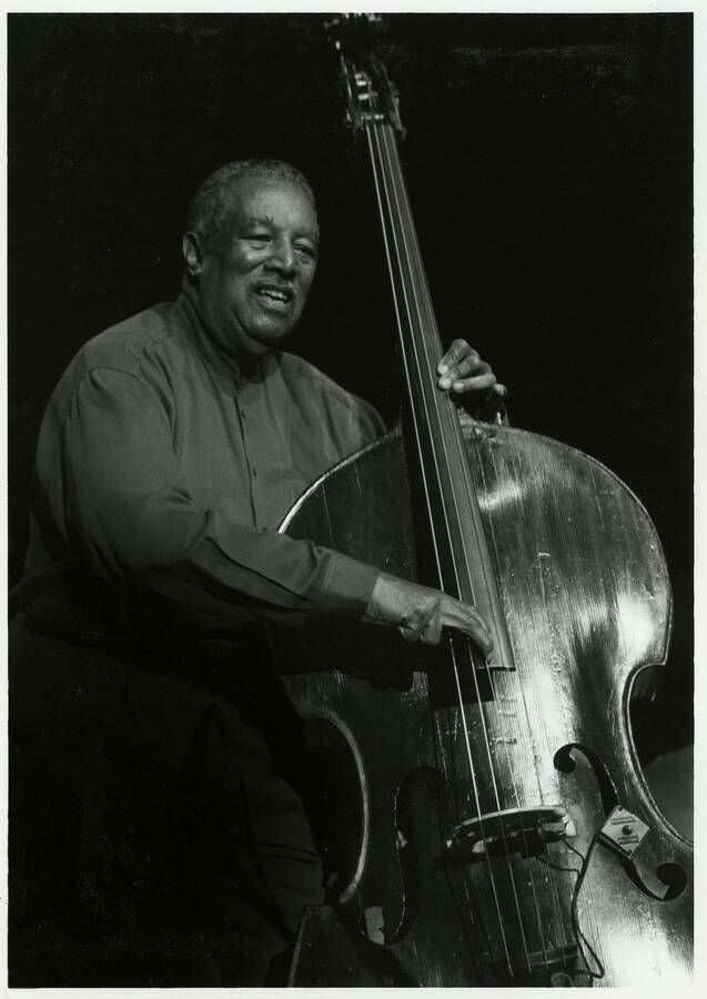 5" x 7" black and white photograph. Ray Brown plays the bass at the Lionel Hampton Jazz Festival.