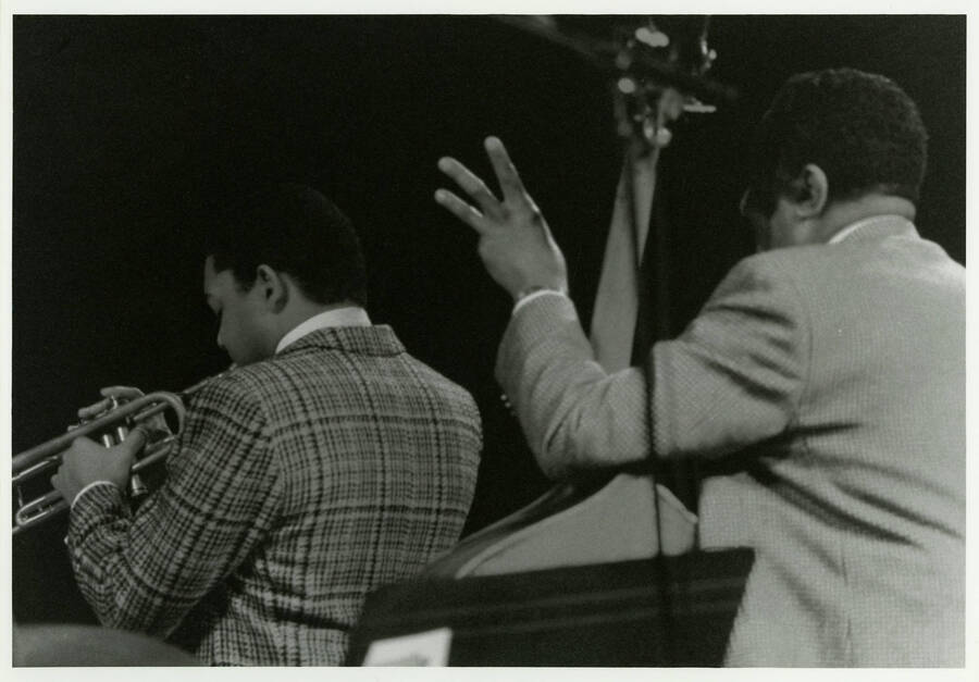 10" x 8" black and white photograph. Wynton Marsalis and Ray Brown playing together at the 1989 jazz festival.