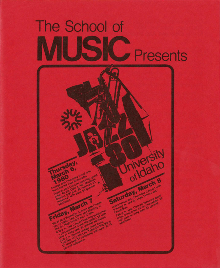 8.25" x 10.75" event program. Includes artist biographies, concert schedules, performance schedules, workshop and clinic information, and sponsor information.
