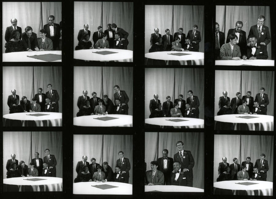 11" x 8.5" black and white contact sheet. Images show Lionel Hampton, Lynn "Doc" Skinner, President Elizabeth Zinser, School of Music Director Robert Miller, Judge Myron H. Wahl's two unidentified individuals signing a document.