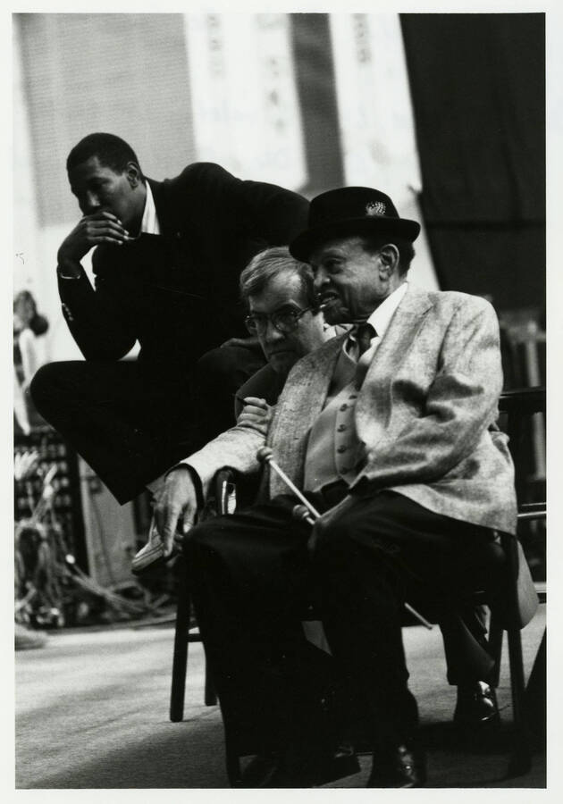 5" x 7" black and white photograph. Lynn "Doc" Skinner, Lionel Hampton, and Rubin Cox (Lionel's valet), at the sound checks for the 1994 Lionel Hampton Jazz Festival.