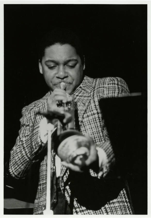 8" x 10" black and white photograph. Wynton Marsalis playing his trumpet at the 1989 Lionel Hampton-Chevron Jazz Festival.