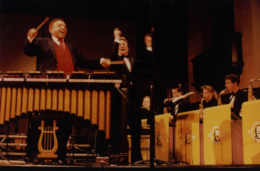 12" x 8" color photograph. Lionel Hampton performs with a student band at the 1992 Lionel Hampton-Chevron Jazz Festival.