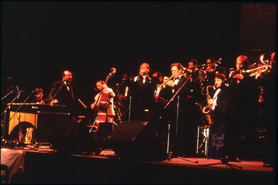 35mm color slide. Lionel Hampton performs with his band at the Lionel Hampton Jazz Festival.