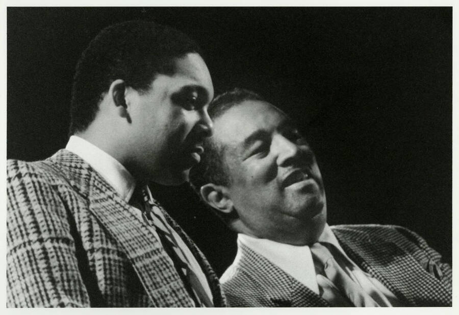 10" x 8" black and white photograph. Wynton Marsalis and Ray Brown on stage at the 1989 jazz festival.