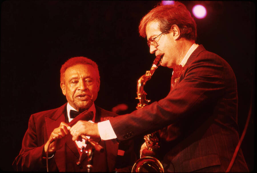 35mm color slide. Lionel Hampton and Lynn "Doc" Skinner on stage at the 1992 Lionel Hampton Jazz Festival.