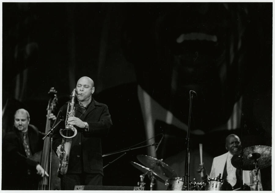 7" x 5" black and white photograph. Joshua Redman plays with Ben Wolfe and Elvin Jones at the Lionel Hampton Jazz Festival.