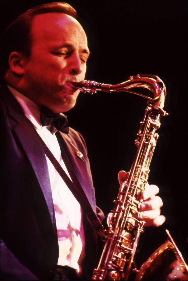 35 mm color slide. Andres Boiarsky plays saxophone at the Pepsi International World Jazz Night at the 1992 Lionel Hampton-Chevron Jazz Festival.