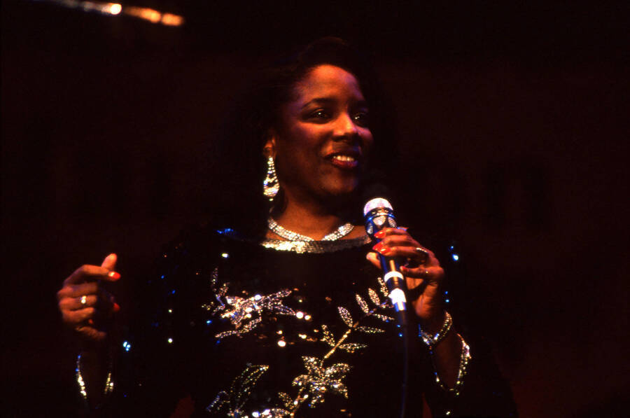 35 mm color slide. Kim Foley on stage at the Pepsi International World Jazz Night at the 1992 Lionel Hampton-Chevron Jazz Festival.